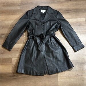 Vintage 90s Worthington Black Belted Leather Trench Coat